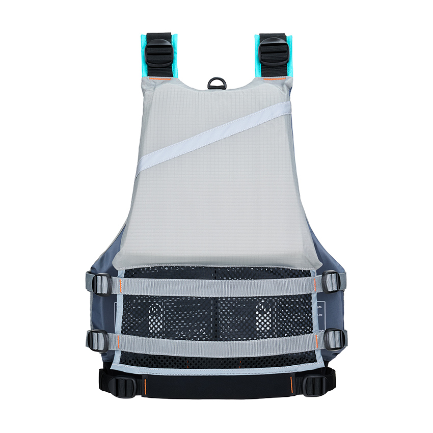 Product photography of an adult life vest showing the ventilated mesh lower back panel, back view