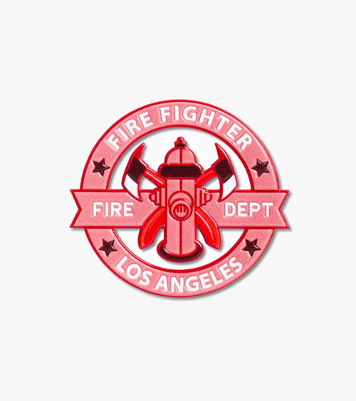 Product photography of a red firefighter emblem patch with a metallic finish, front view on white.