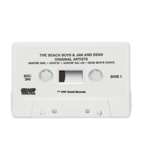 Custom product photography of a white audio cassette tape with a printed track-list label, front view on white.