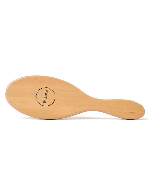 Product photography of a wooden paddle hairbrush, back view showing the natural wood grain finish.