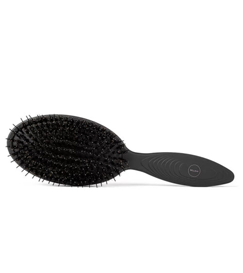 Hair tools photography of a black oval brush with mixed boar and nylon bristles, bristle-side view on white.