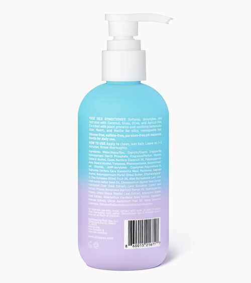 Product photography of a gradient conditioner pump bottle, back view showing the ingredient label and barcode.