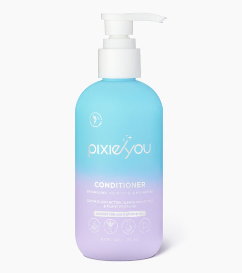 Haircare product photography of a blue and lavender gradient kids conditioner pump bottle, front view on a light background.