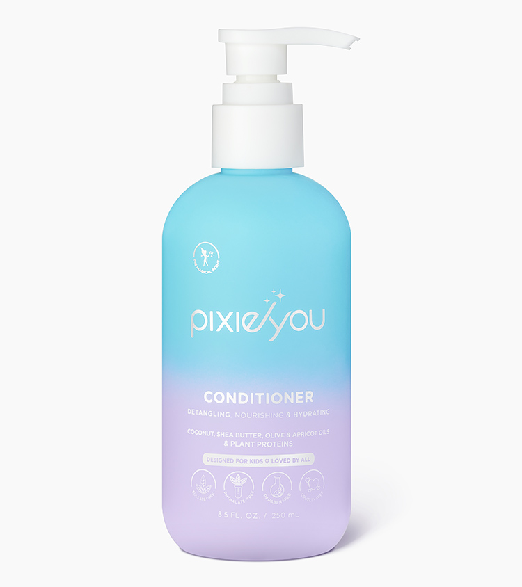 Haircare product photography of a blue and lavender gradient kids conditioner pump bottle, front view on a light background.