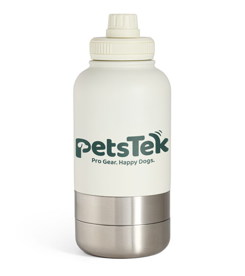 Pet product photography of an insulated travel water bottle with stainless steel bowl base, front view on white.