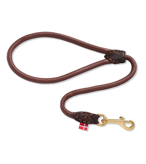 Pet product photography of a brown rolled leather dog leash with a brass snap hook, styled in an S-curve on white.