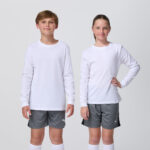 Two youth models in matching white Puma long sleeve tops and grey shorts
