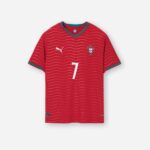 Portugal Ronaldo Puma soccer jersey flat lay photography, front view