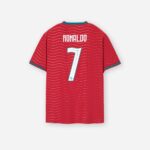 Portugal Ronaldo Puma soccer jersey flat lay photography, back view with name and number