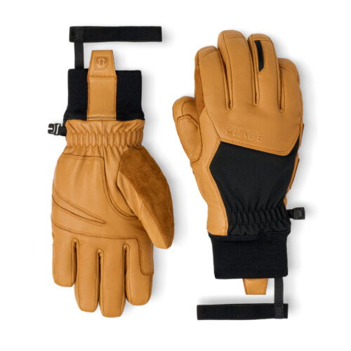 Professional product photography of insulated leather ski gloves displayed front and back on a white background for an eCommerce product listing.
