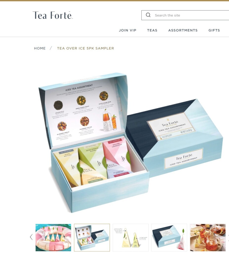Shootify product photography of the Tea Forté iced tea assortment box, shown open with pyramid infuser packages, live on the brand's ecommerce site