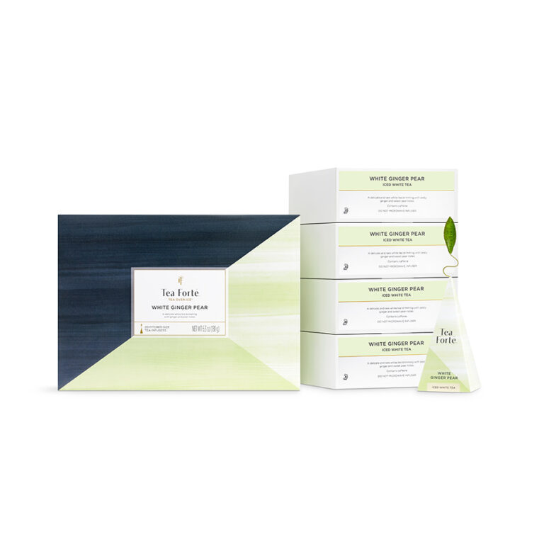 White background product photography of the Tea Forté White Ginger Pear collection with a large gift box, stacked refill boxes, and a pyramid infuser