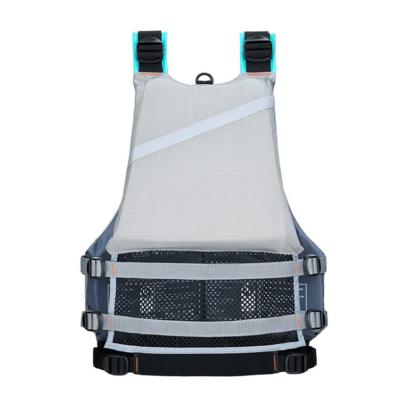 Product photography of a grey and teal paddle life vest, back view on pure white