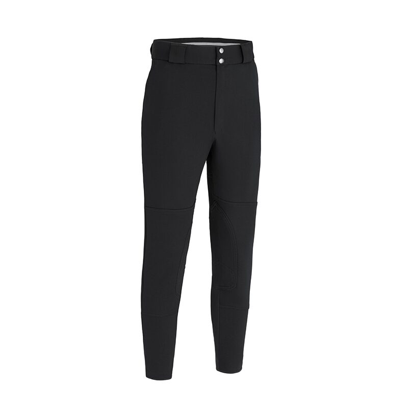 Flat lay product photography of black riding breeches with knee patches, front view on white
