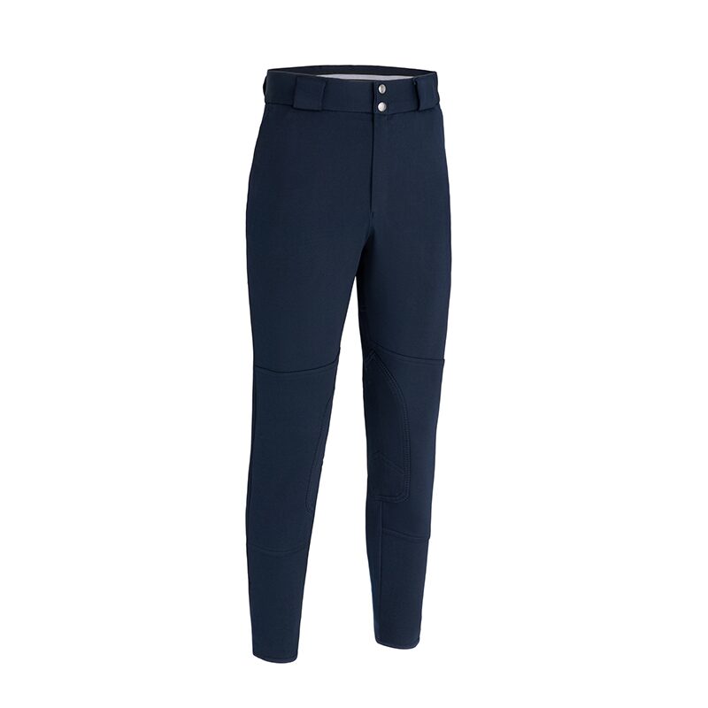 Flat lay product photography of navy riding breeches with knee patches, front view on white