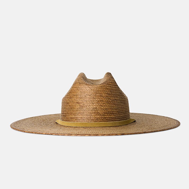 Product photography of a palm straw fedora sun hat with a mustard band, straight-on front view on white