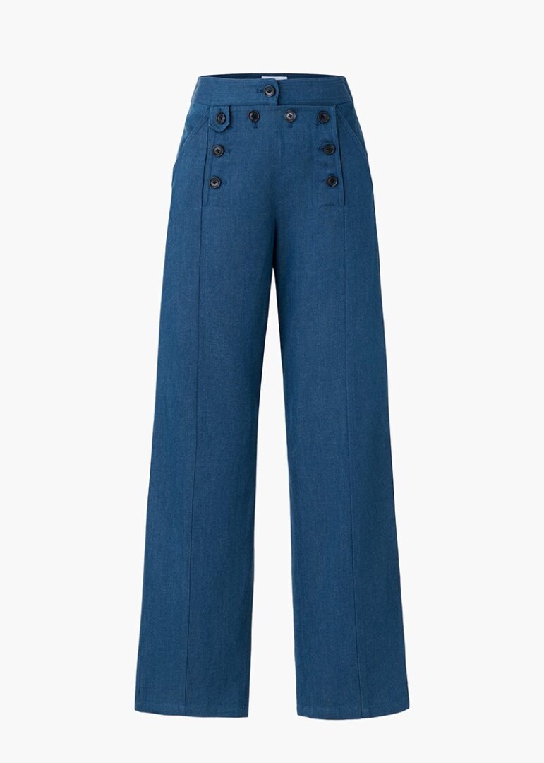 Flat lay product photography of blue wide-leg sailor trousers with a double row of buttons, front view on white