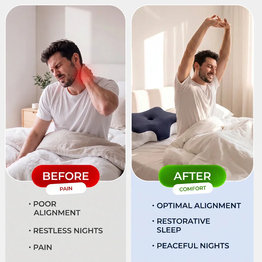 Before and after neck support infographic — Amazon listing image, Shootify