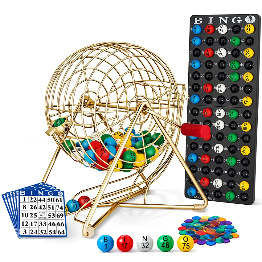 Gold bingo cage set with cards and chips on white — Amazon listing image, Shootify