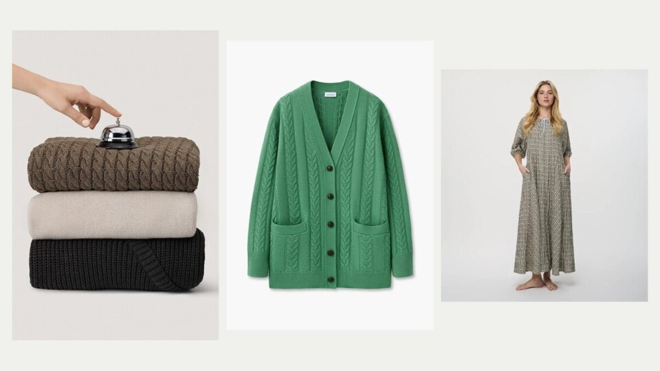 Three examples of ecommerce product photography: styled knitwear with a service bell, a green cable-knit cardigan flat lay and a printed maxi dress on a model