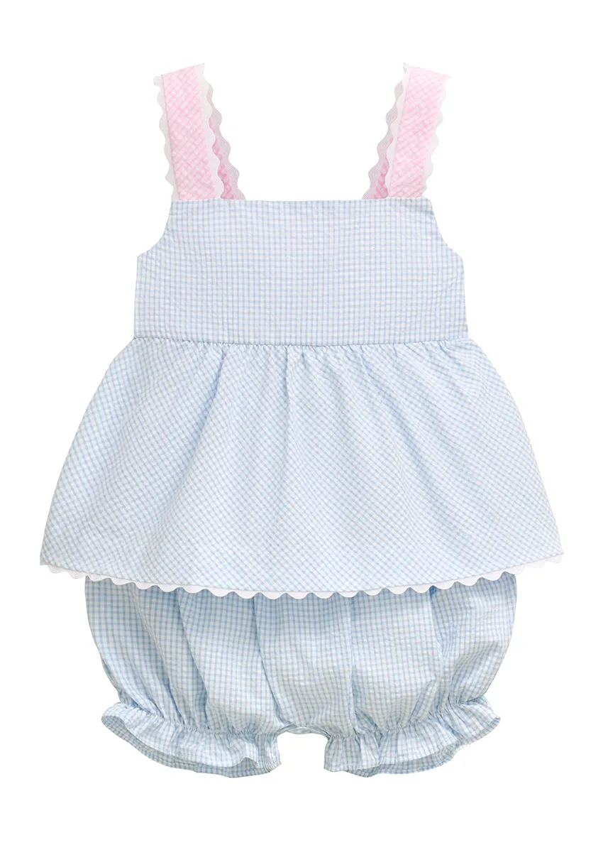 Blue seersucker gingham peplum top with pink ricrac straps and matching bloomers, shot together as a set on white