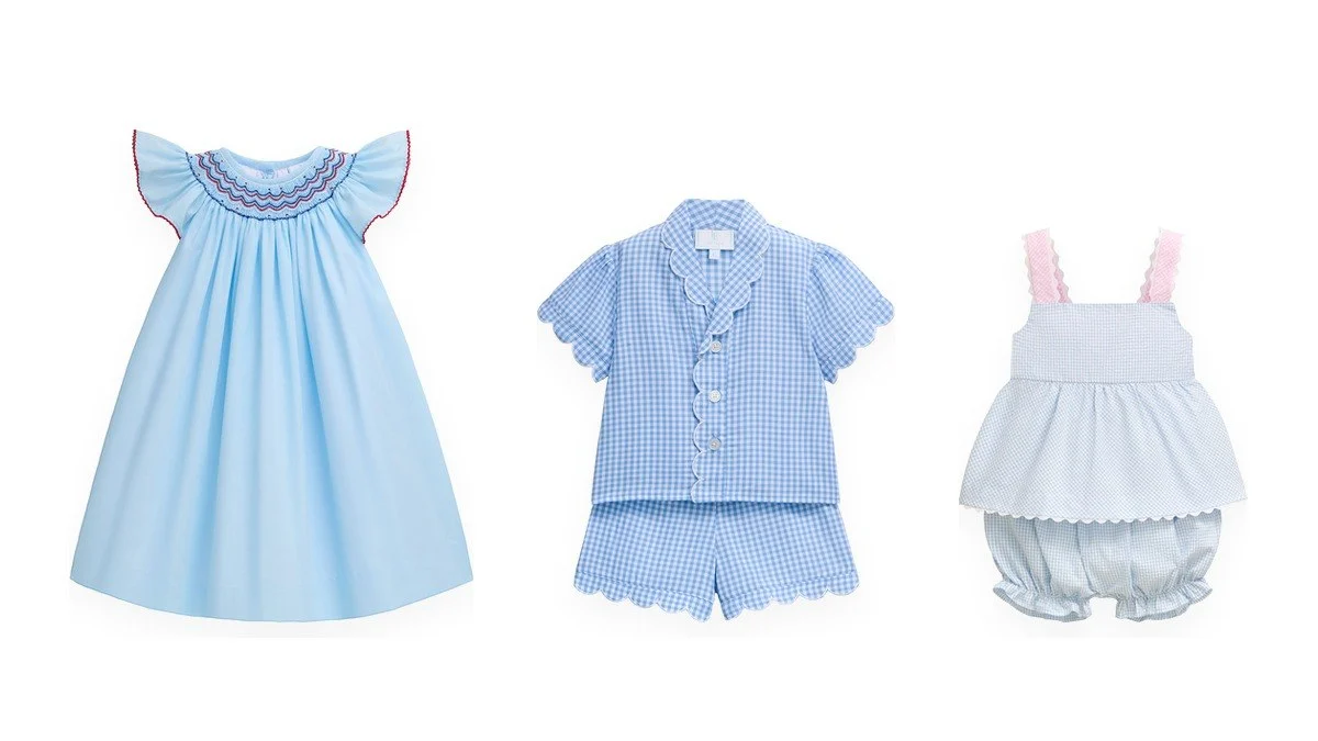 Three Little English pieces on white — smocked bishop dress, blue gingham pajama set and a seersucker top with bloomers