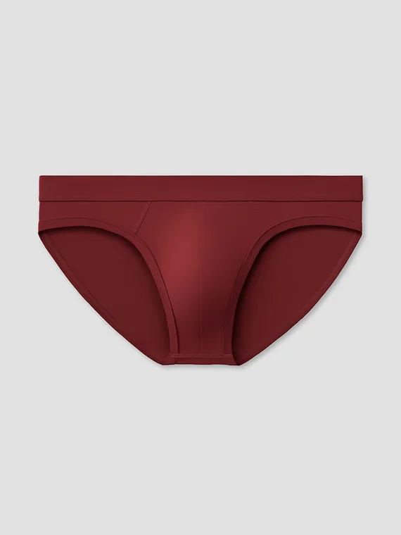 Burgundy men's brief flat lay, front view