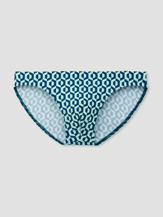 Teal hexagon print men's brief flat lay, printed lining visible through the leg opening