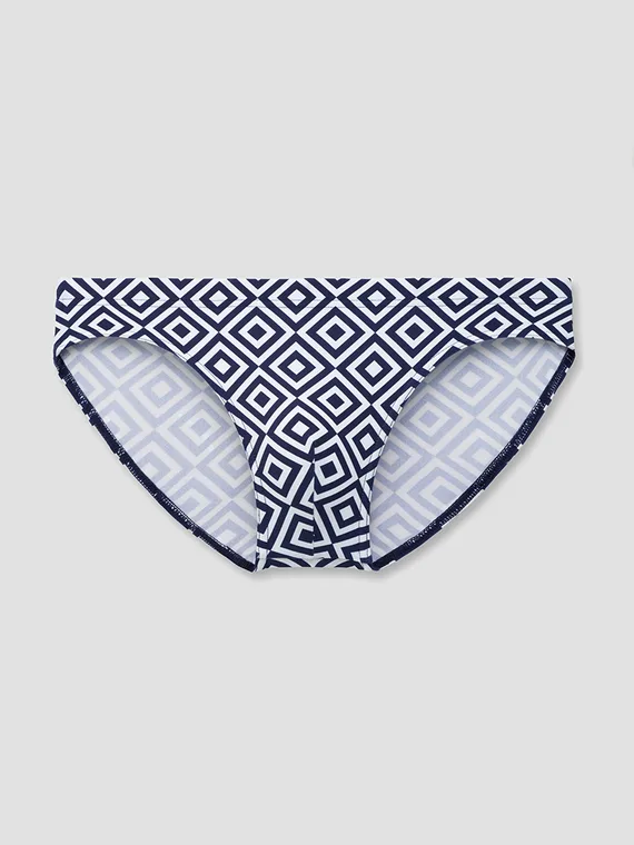 Navy and white geometric print men's swim brief, flat lay with the print squared to the frame