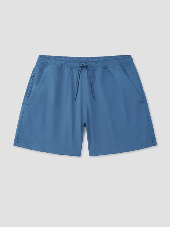 Blue men's swim trunk flat lay with the drawcord tied and centred