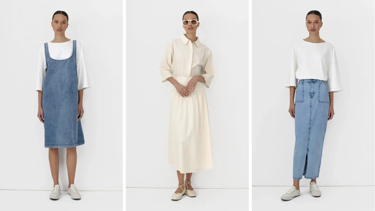 Three modest fashion looks on one model against a white studio wall — denim pinafore dress, cream shirt and skirt set, and a long denim skirt with a white top
