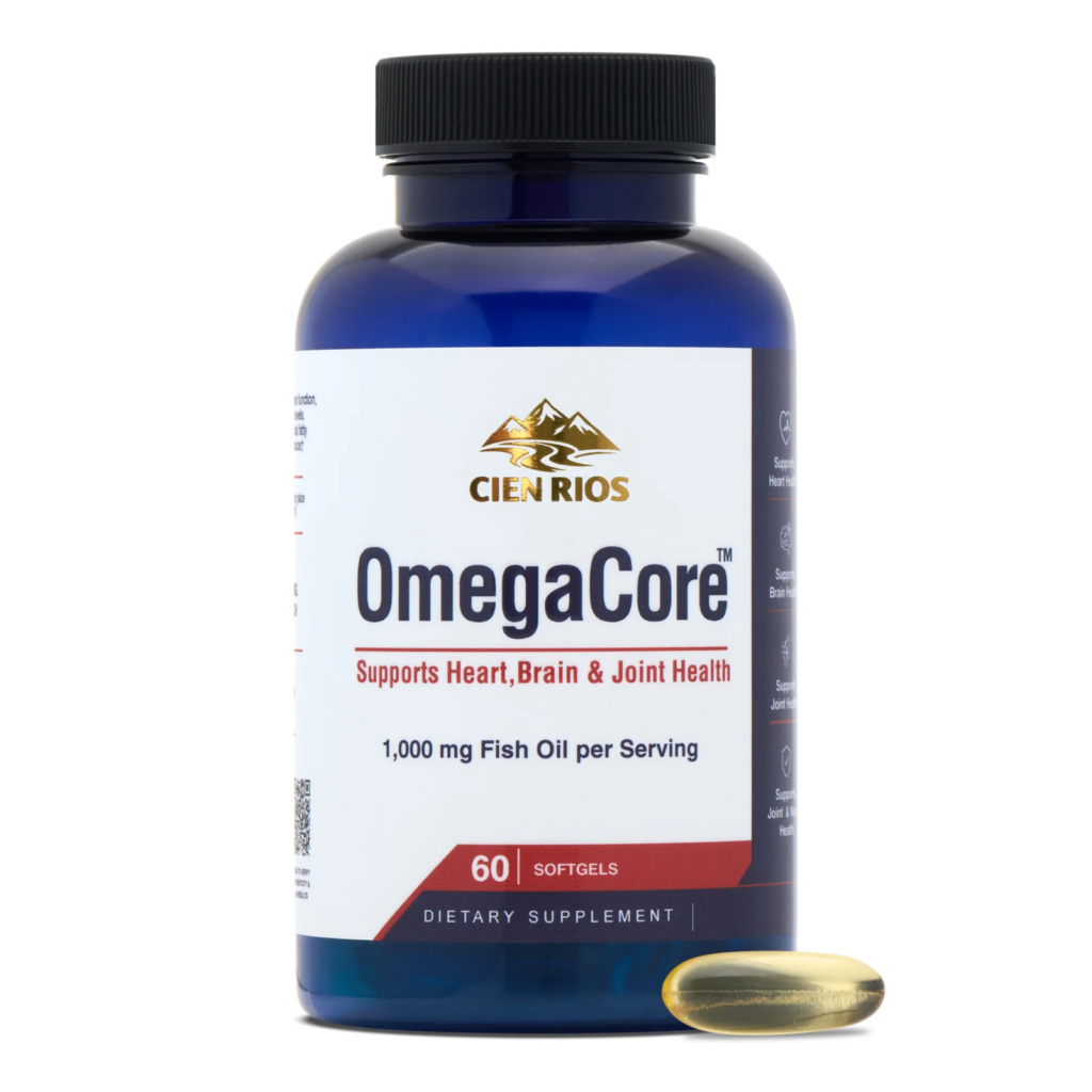 OmegaCore fish oil bottle on pure white — Amazon hero image, Shootify