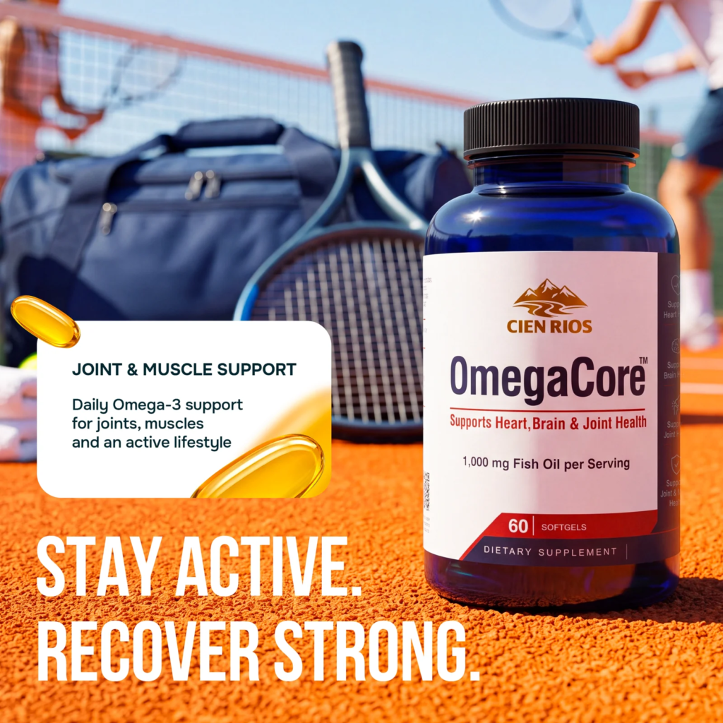 OmegaCore lifestyle scene with sports gear — Amazon listing image, Shootify