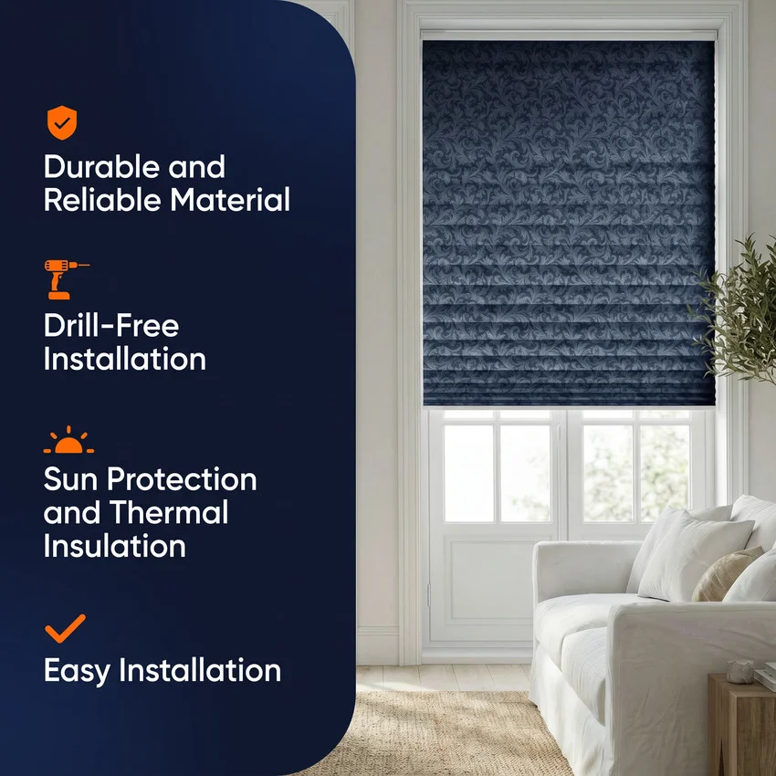 Pleated blind drill-free installation features — Amazon listing image, Shootify