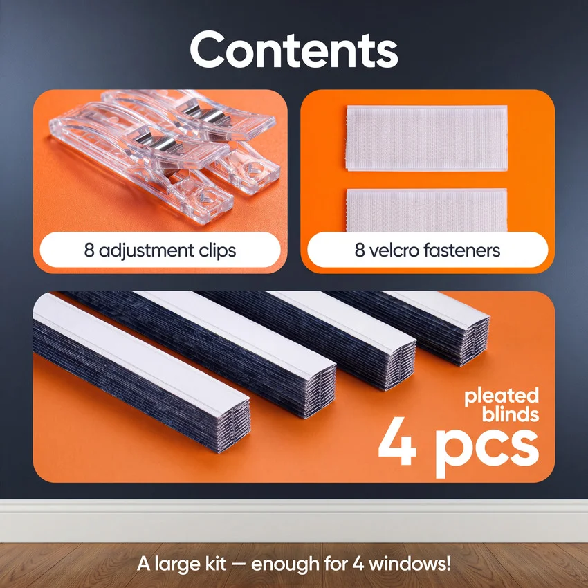 Pleated blind kit contents, four pieces — Amazon listing image, Shootify