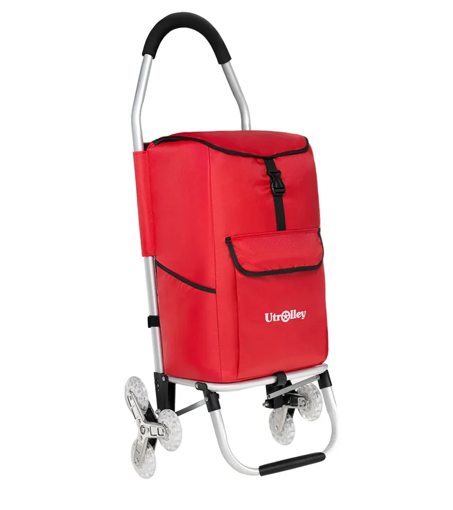 Red shopping trolley on pure white — Amazon hero image, Shootify