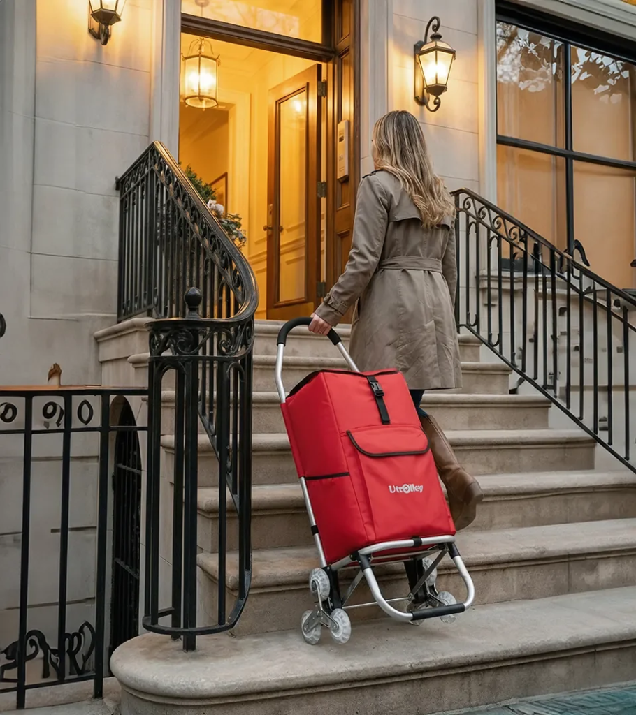 Shopping trolley carried up front steps — Amazon lifestyle image, Shootify