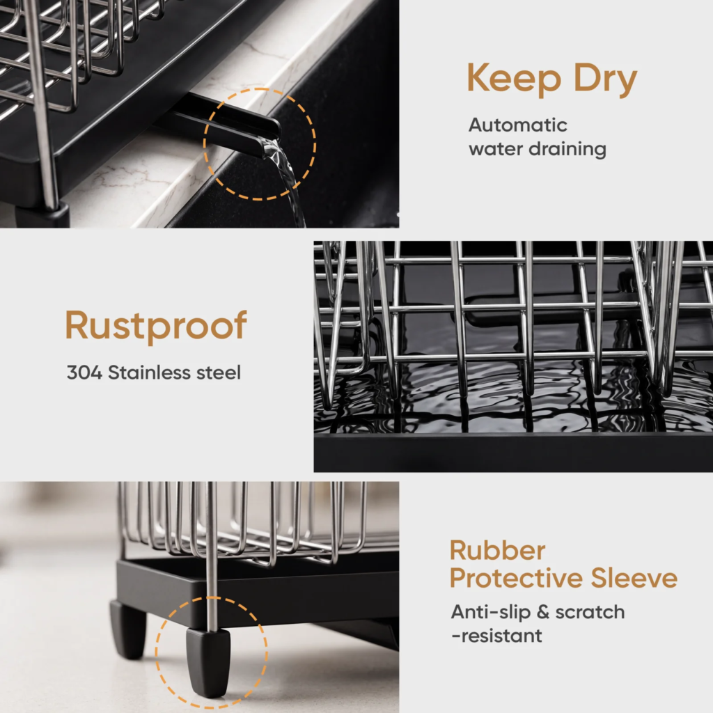 Sink caddy drainage and rustproof features infographic — Amazon listing image, Shootify
