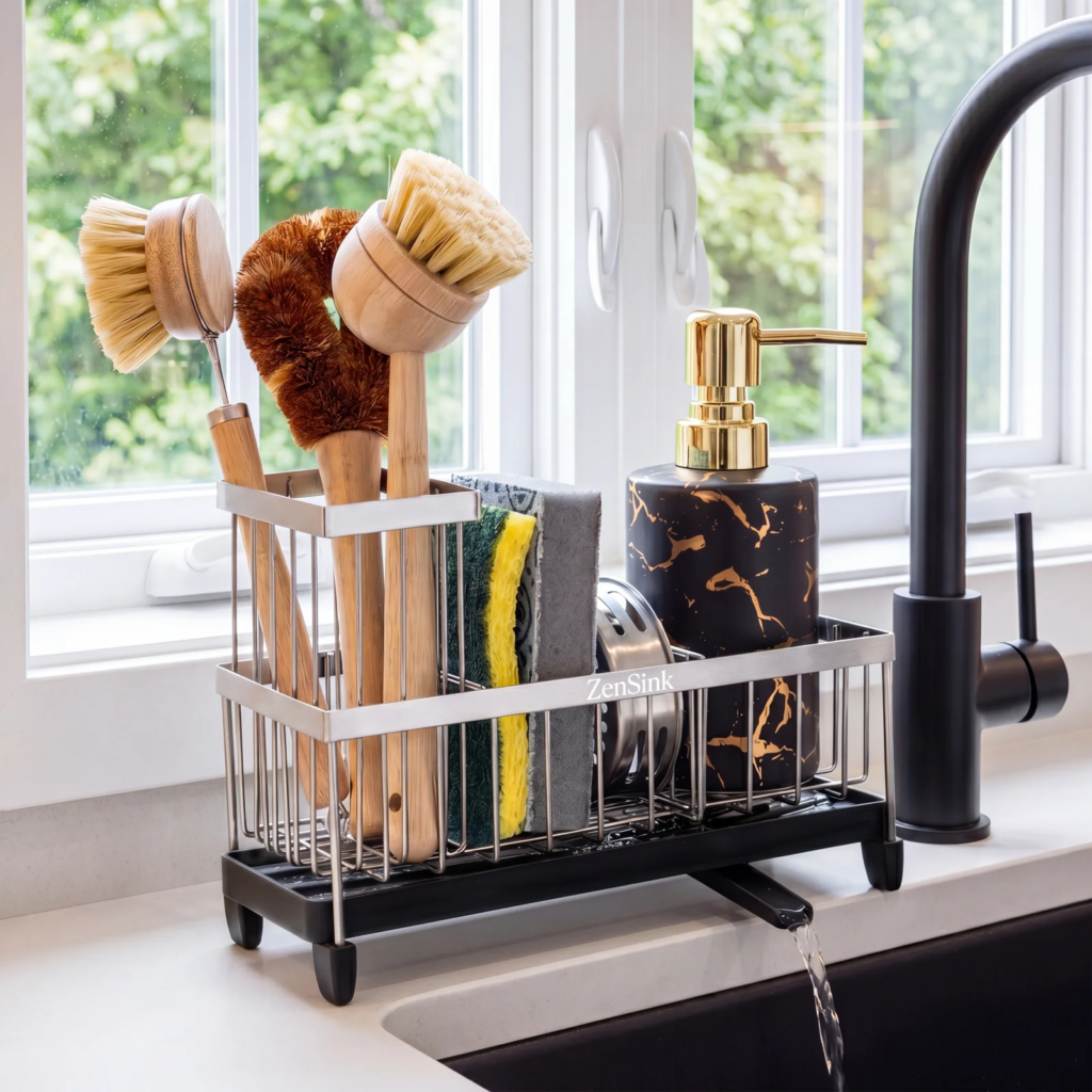 Sink caddy in a kitchen sink — Amazon lifestyle image, Shootify