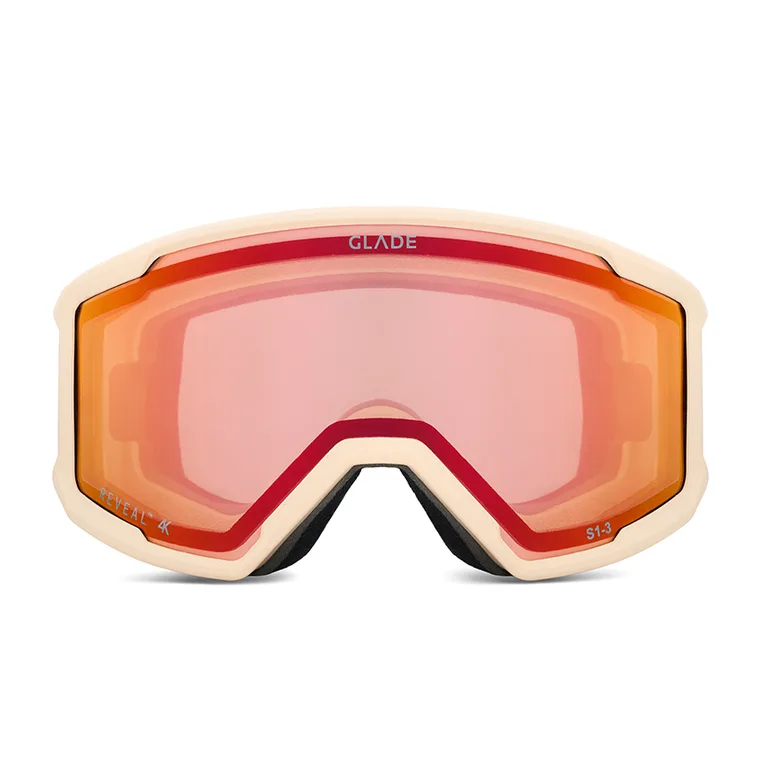 Glade ski goggle with a cream frame and rose mirrored lens, front view on white