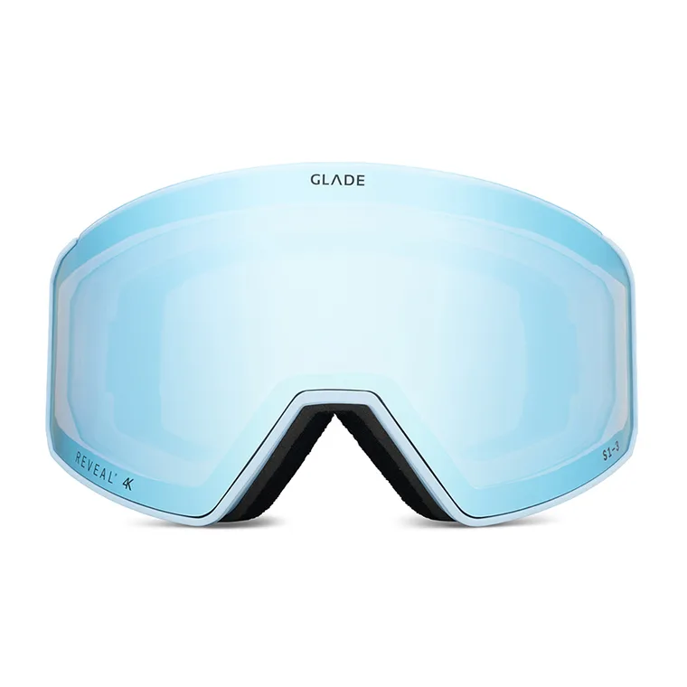 Glade ski goggle with a pale blue frame and ice blue lens, front view