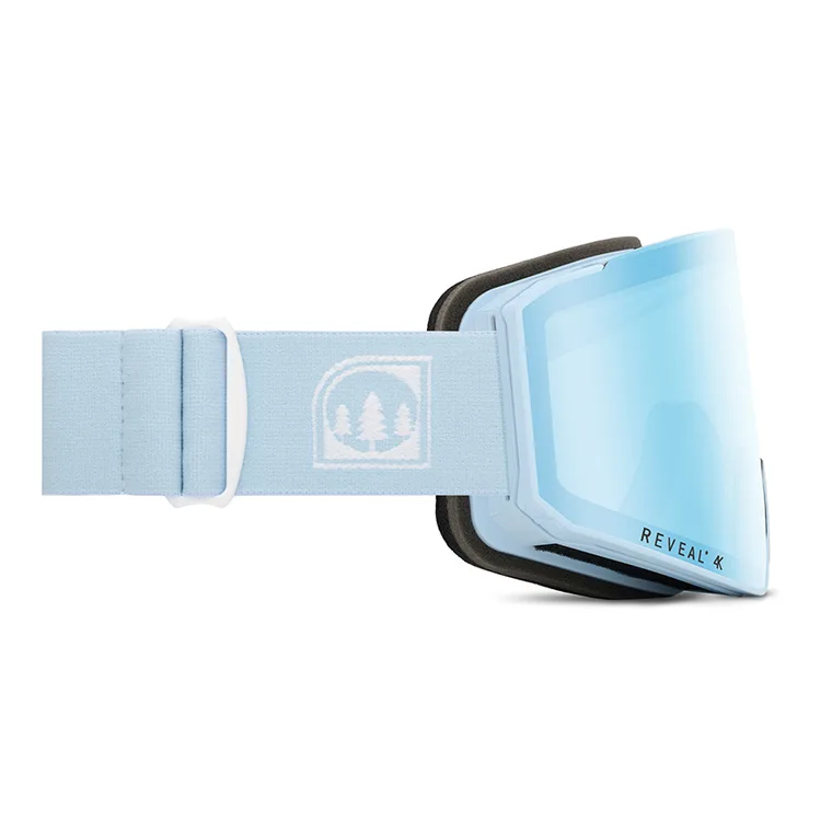 The same pale blue Glade goggle in side view, showing the strap, foam and frame profile