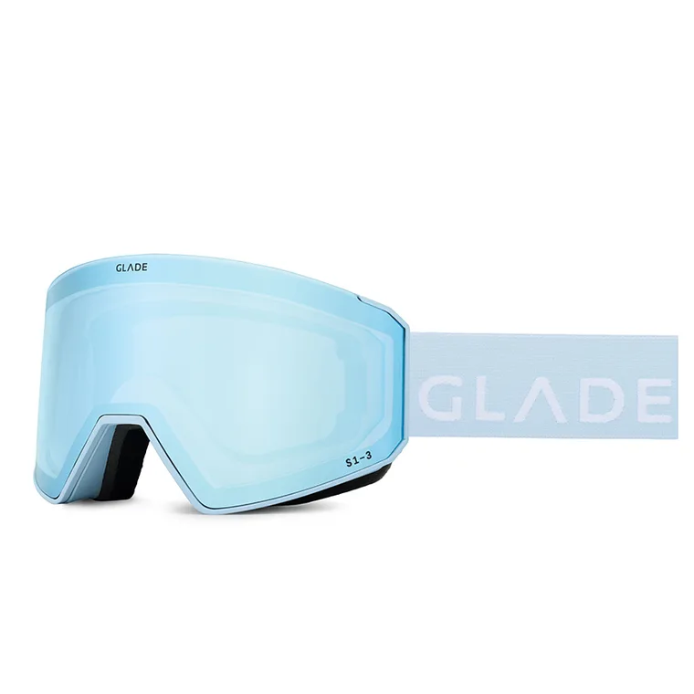 The same pale blue Glade goggle at three-quarter angle, showing the strap and lens curve