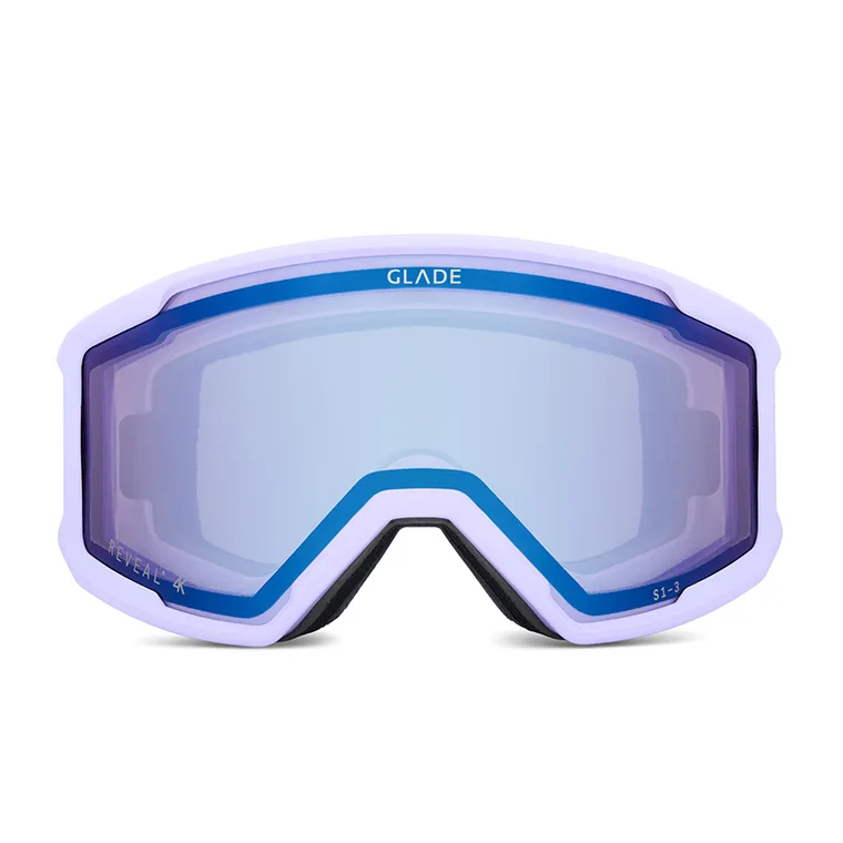 Glade ski goggle with a lavender frame and blue mirrored lens, front view on white