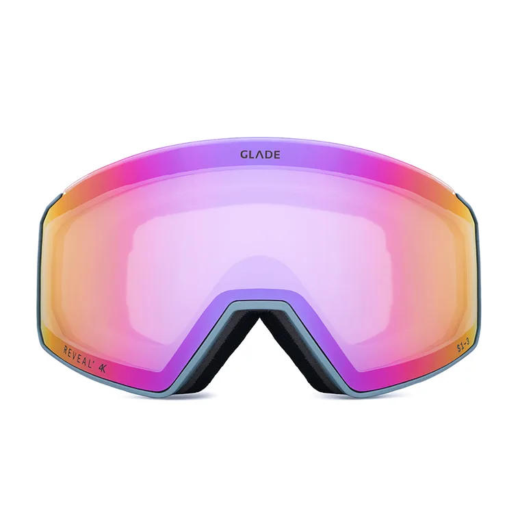 Glade ski goggle with a pink mirrored lens and grey frame, front view on white