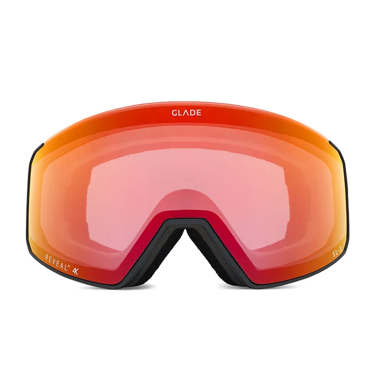 Glade ski goggle with a red mirrored lens and black frame, front view on white
