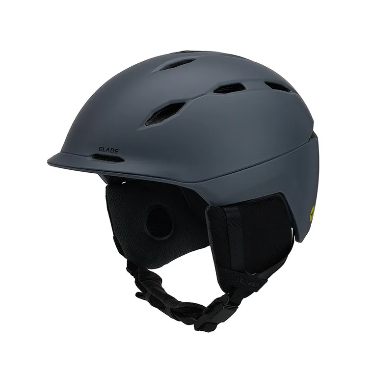 Charcoal Glade ski helmet in side view, showing vents and ear pads