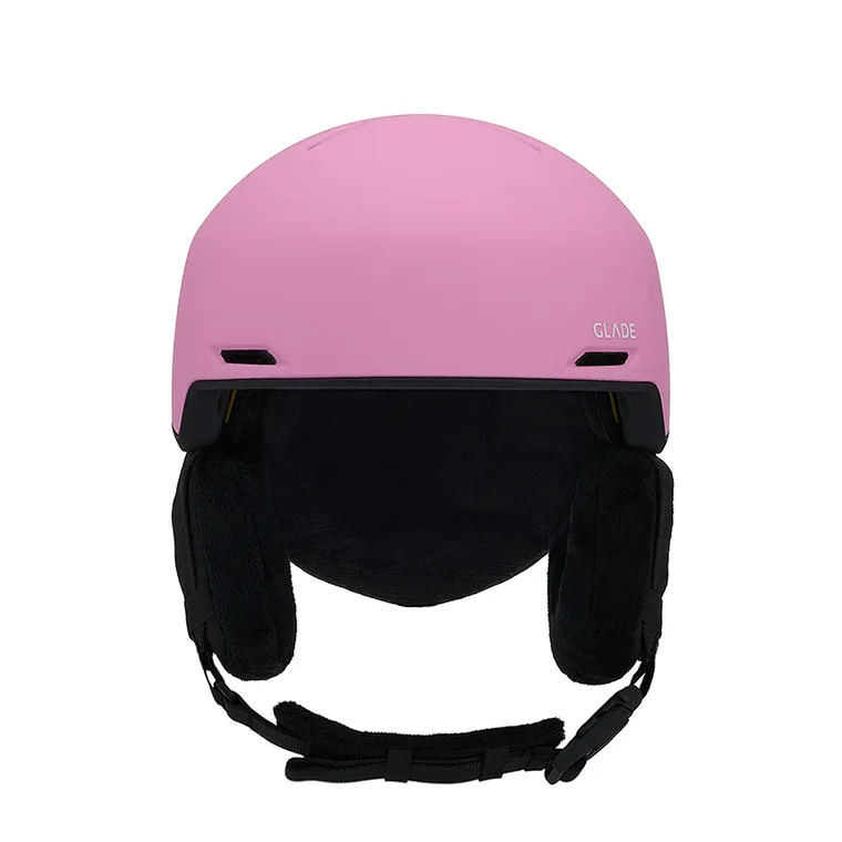 Pink Glade ski helmet in front view with black fleece ear pads