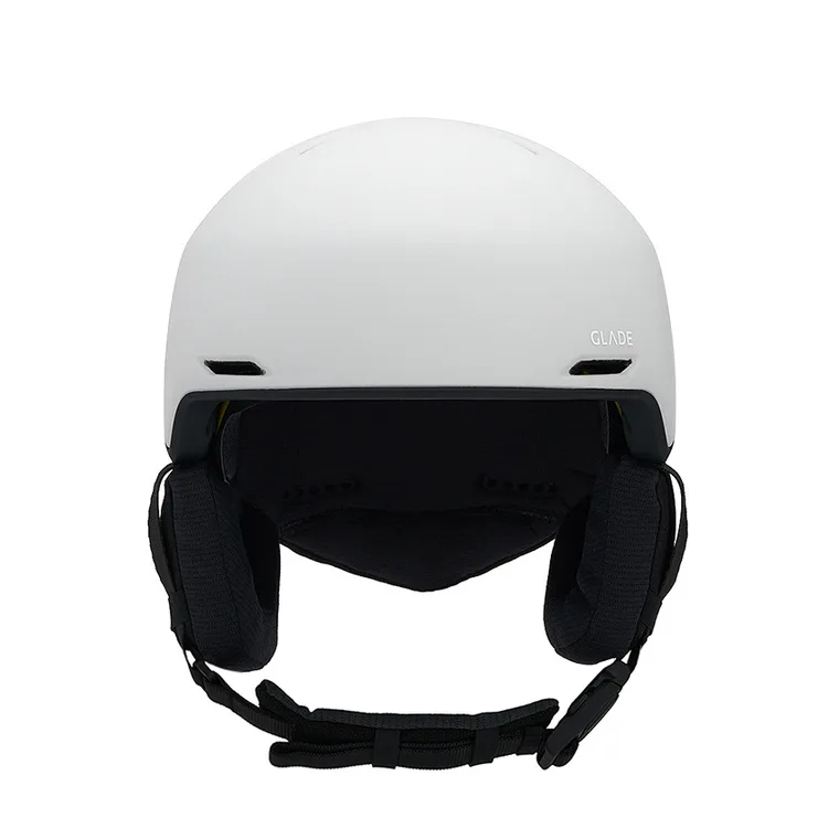 White Glade ski helmet in front view, showing the goggle clip and chin strap