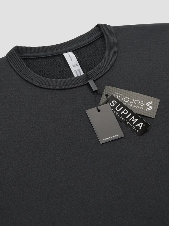 Close-up of a charcoal sweatshirt collar with Supima and Solotex hang tags